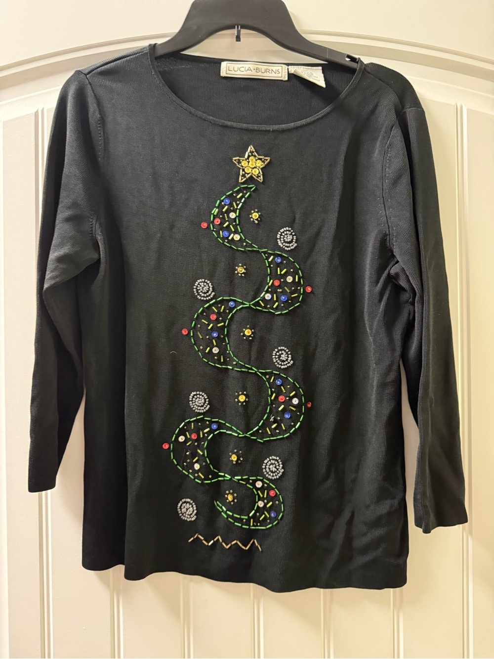 Lucia + Burns Black Beaded Holiday Tree Long-Sleeve Top